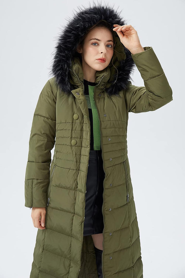 Orolay Damen Daunenmantel Lang Warm Winterjacke mit Kapuze Kunstpelz M Armeegrün, M Armeegrün