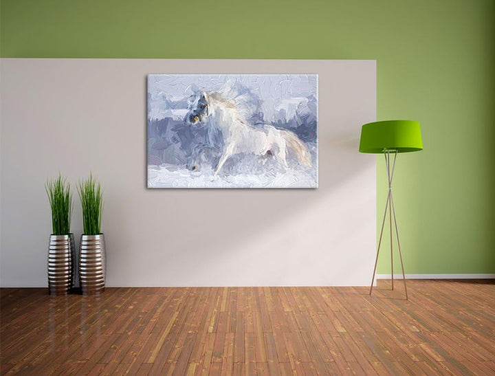 Pixxprint Weisses Pferd auf Schneewiese als Leinwandbild/Grösse: 100x70 cm/Wandbild/Kunstdruck/ferti