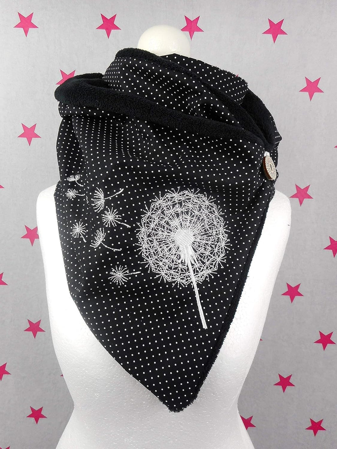pinkeSterne ☆ Warmer Fleece Schal Knopfschal Pusteblume Schwarz Stickerei Punkte Dots Damenschal Sch