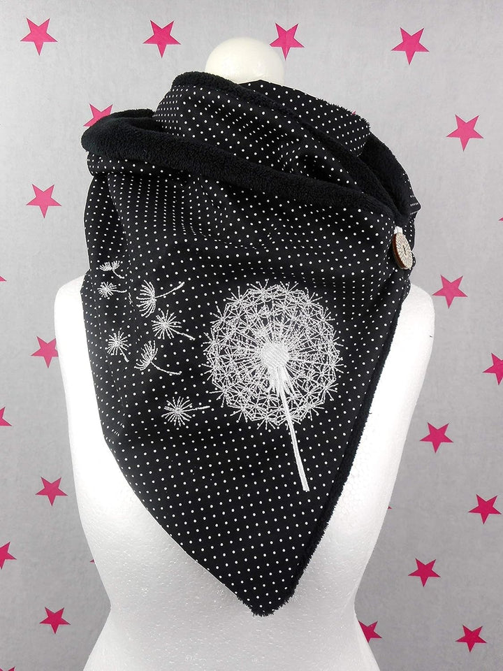 pinkeSterne ☆ Warmer Fleece Schal Knopfschal Pusteblume Schwarz Stickerei Punkte Dots Damenschal Sch