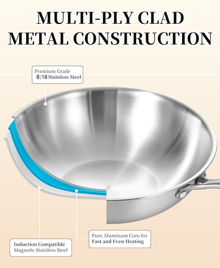 Inqibee Wokpfanne Edelstahl 30 cm mit Deckel, Unbeschichtete Wok Pfanne für Induktion & Gasherd, Ede