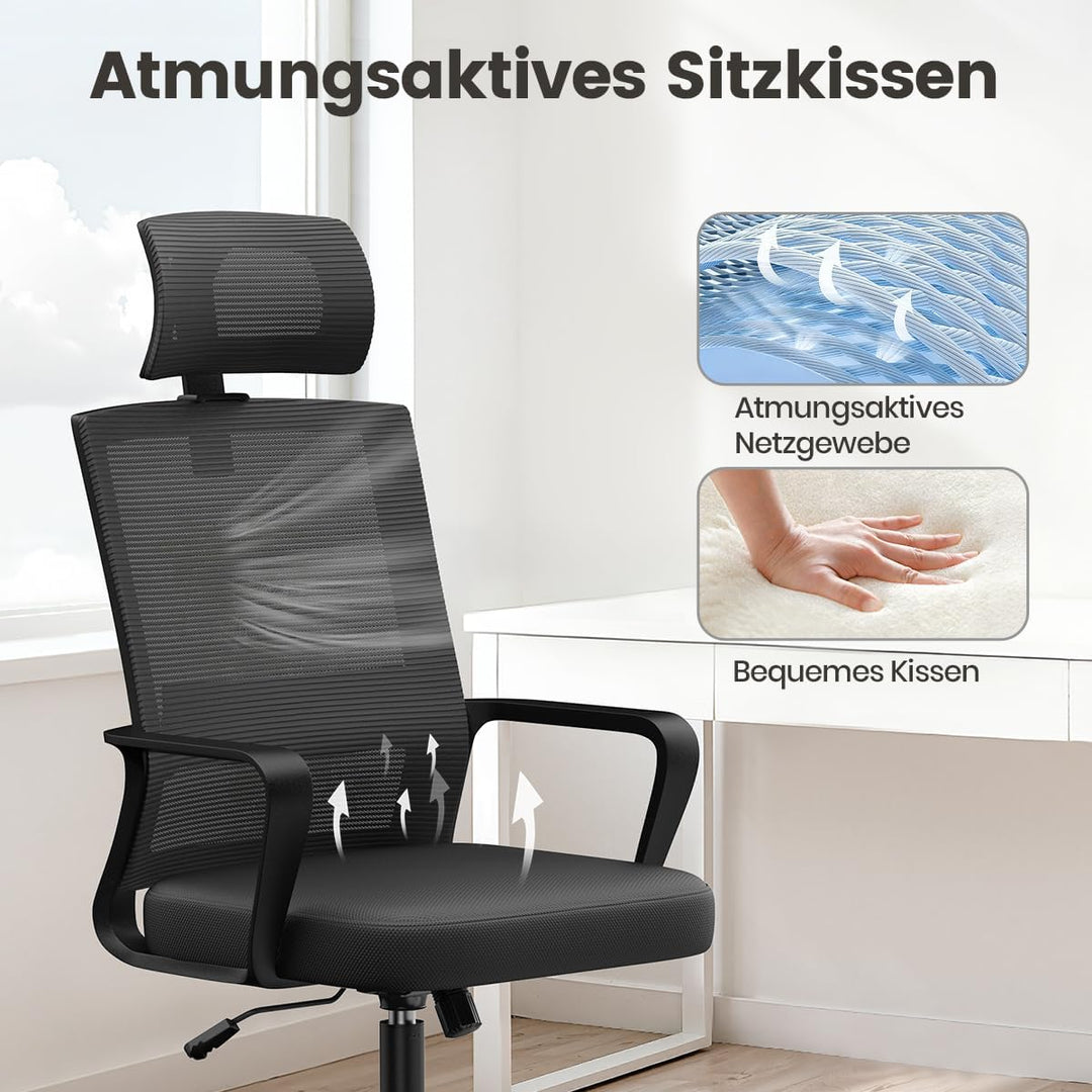 naspaluro Ergonomischer Bürostuhl, Schreibtischstuhl mit Verstellbarer Kopfstütze, Atmungsaktiver Ne