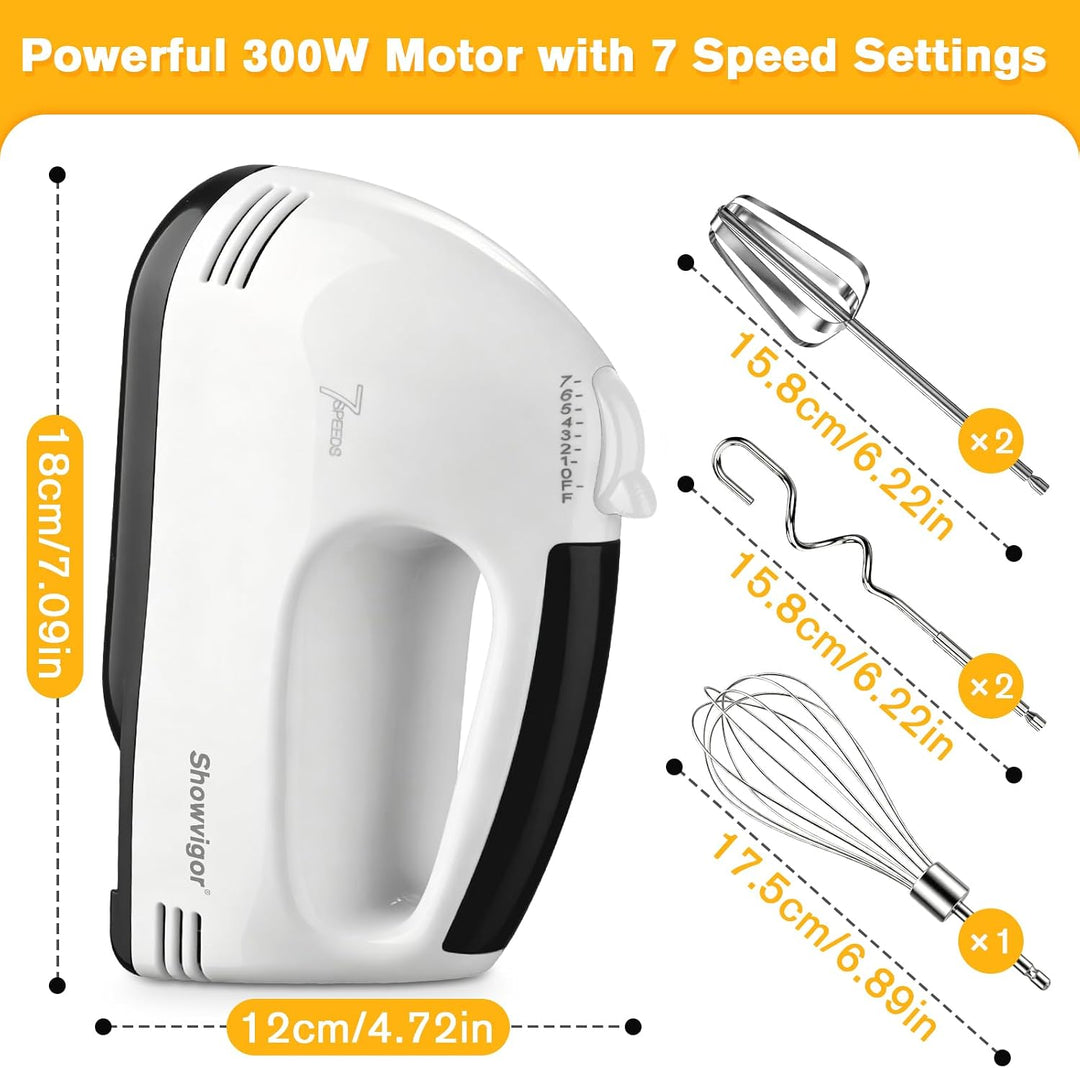 Handmixer Elektrisch 300W mit 7 Geschwindigkeiten, Ergonomischer Griff, Handrührgerät inkl. 2 Rührbe