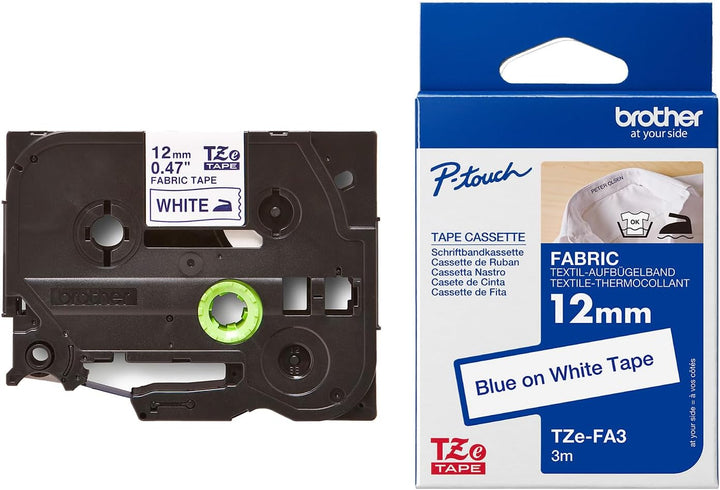 Brother TZe-FA3 P-touch Textil-Aufbügelband (12 mm breit, 3 m lang, blau auf weiss, u.a. für P-touch