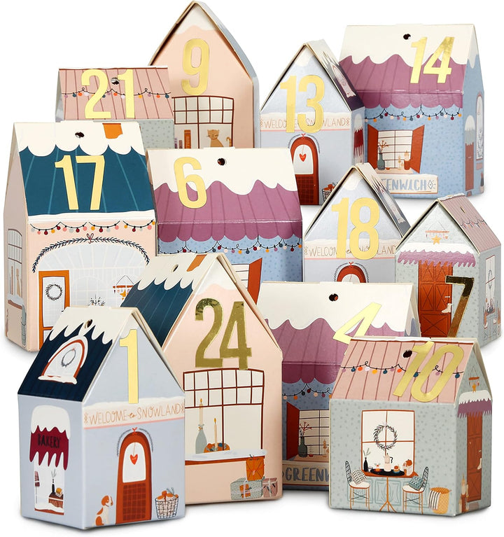 Papierdrachen DIY Adventskalender zum Basteln und Befüllen - Häuser Set - Weihnachtsdorf bunt - 24 b