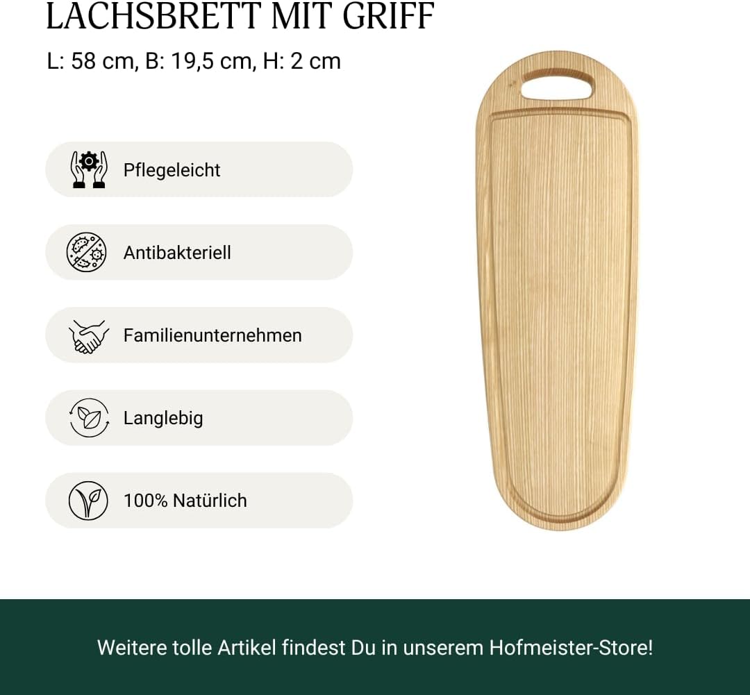 HOFMEISTER® Lachsbrett aus Eschenholz 60 cm – Rustikales Grillbrett mit Griffaussparung für Lachs, F