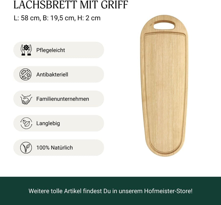 HOFMEISTER® Lachsbrett aus Eschenholz 60 cm – Rustikales Grillbrett mit Griffaussparung für Lachs, F