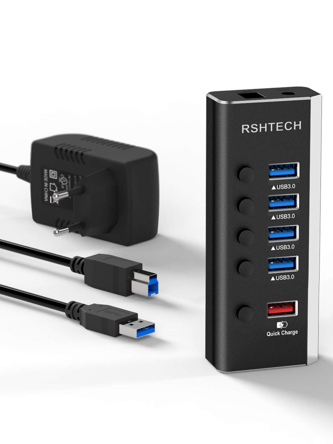 RSHTECH Aluminium USB Hub Aktiv 3.0 mit 24W Netzteil, mit 1*Schnellladeanschluss, 4*USB 3.0 Datenans