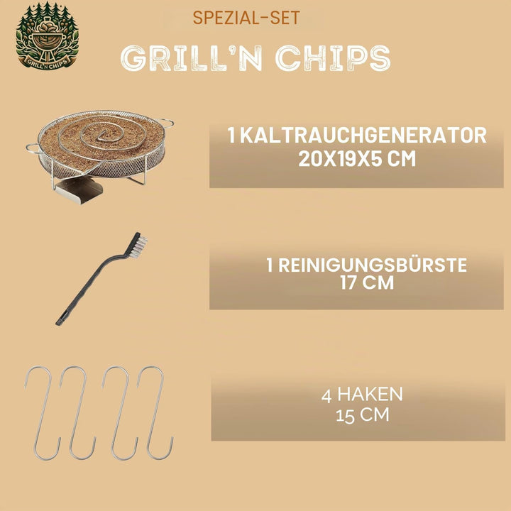 Kaltrauchgenerator/Räucherschnecke für Räucherofen Fleisch und Fisch + 4 Fleischerhaken und 1 Reinig