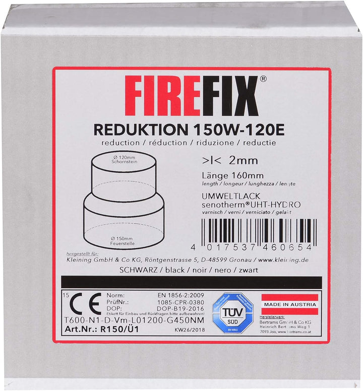 FIREFIX R150/Ü1 Übergangsstück (Reduzierung) für 2 mm Starke Rauchrohre, schwarz lackiert, von 150 m
