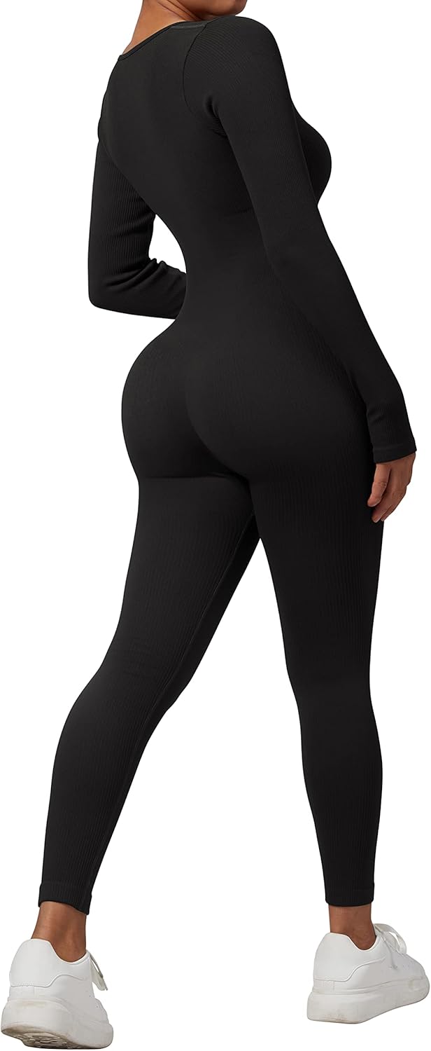 RXRXCOCO Gerippte Langarm Jumpsuits Damen Eng Square Neck Einteiler Bauchweg Sport Yoga Overall Romp