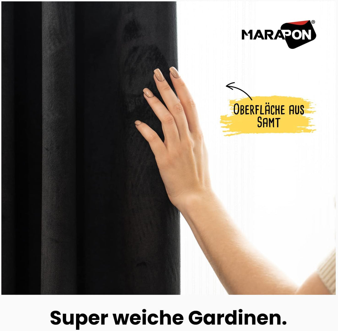 MARAPON® Gardinen aus Samt in Schwarz [2 Stück] | mit Multifunktionsband | Vorhänge Blickdicht | Ver