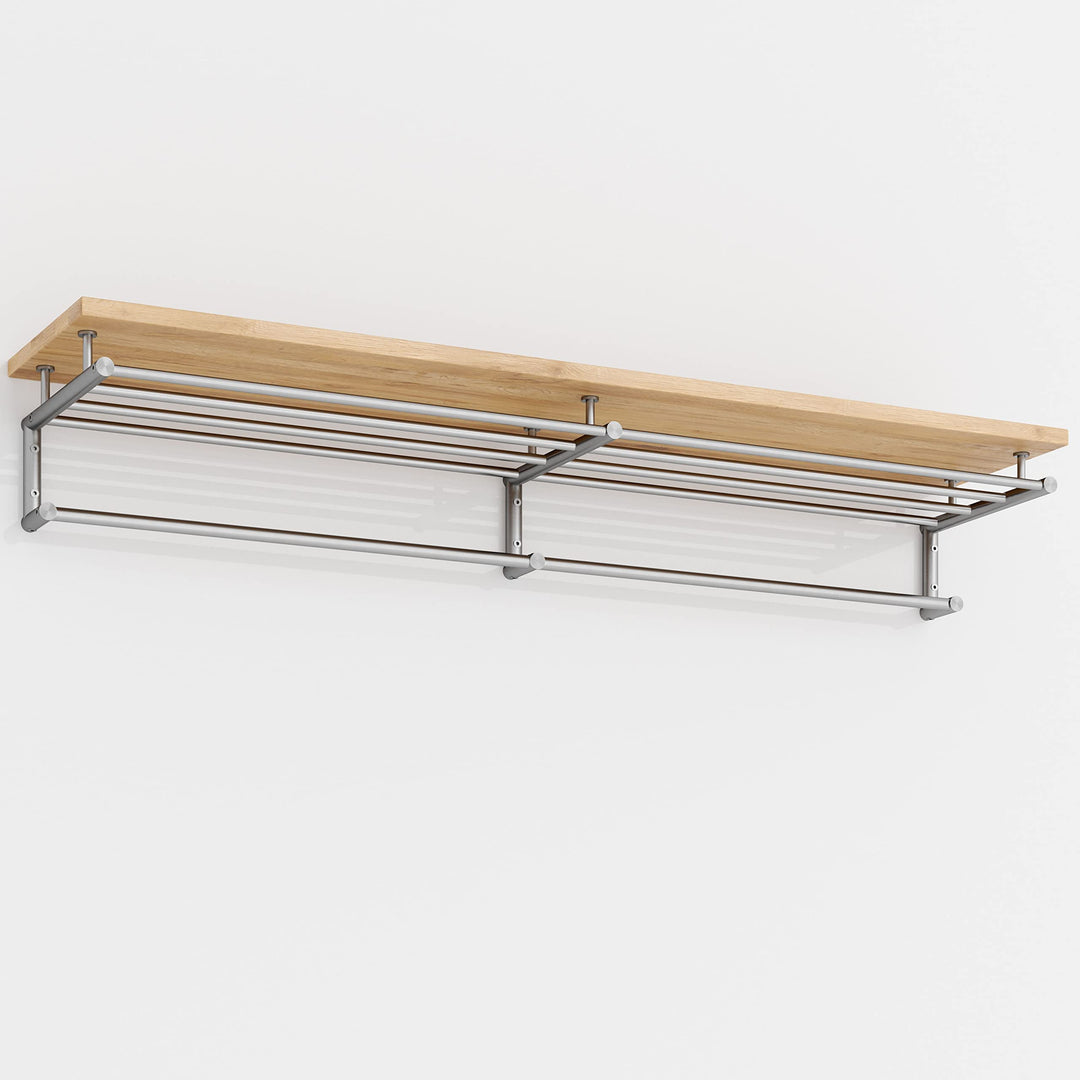 PHOS Design, G18-1200-Eiche, 120 cm Edelstahl Wandgarderobe mit Kleiderstangen und einer Ablage aus