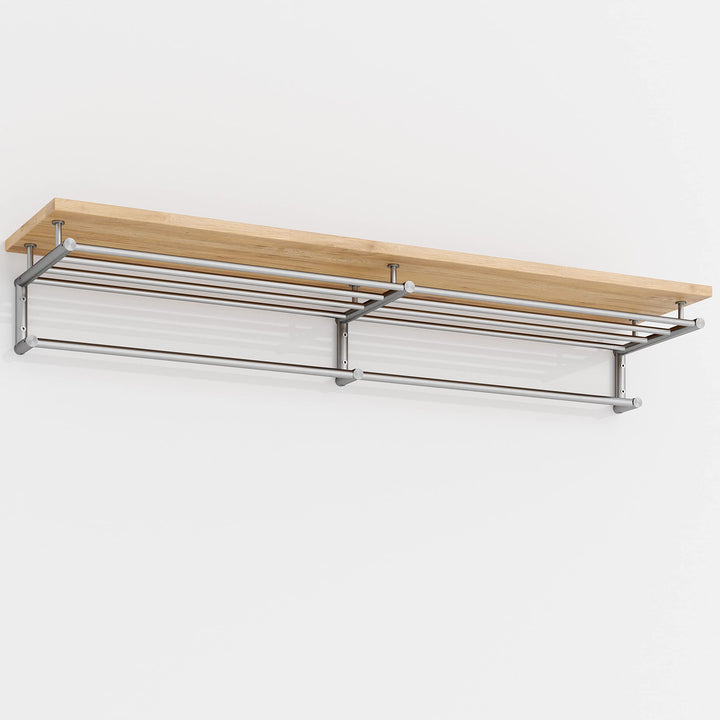 PHOS Design, G18-1200-Eiche, 120 cm Edelstahl Wandgarderobe mit Kleiderstangen und einer Ablage aus