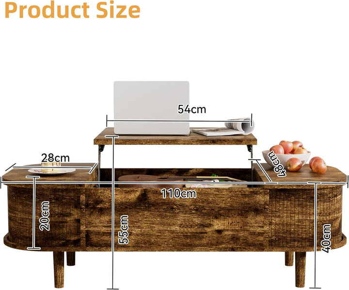 Couchtisch mit Hebeplatte – Moderner Holztisch mit Einzigartiger Textur & Verstecktem Stauraum, Kaff