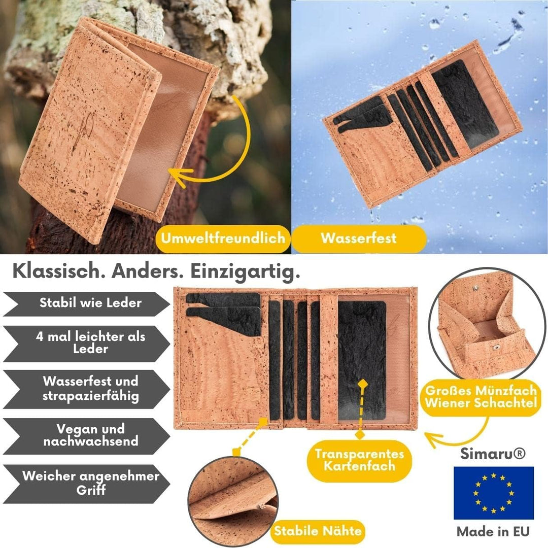 Simaru Geldbeutel aus Kork, vegan & kompakt, langlebige Geldbörse mit RFID-Schutz, Karten, Schein-&
