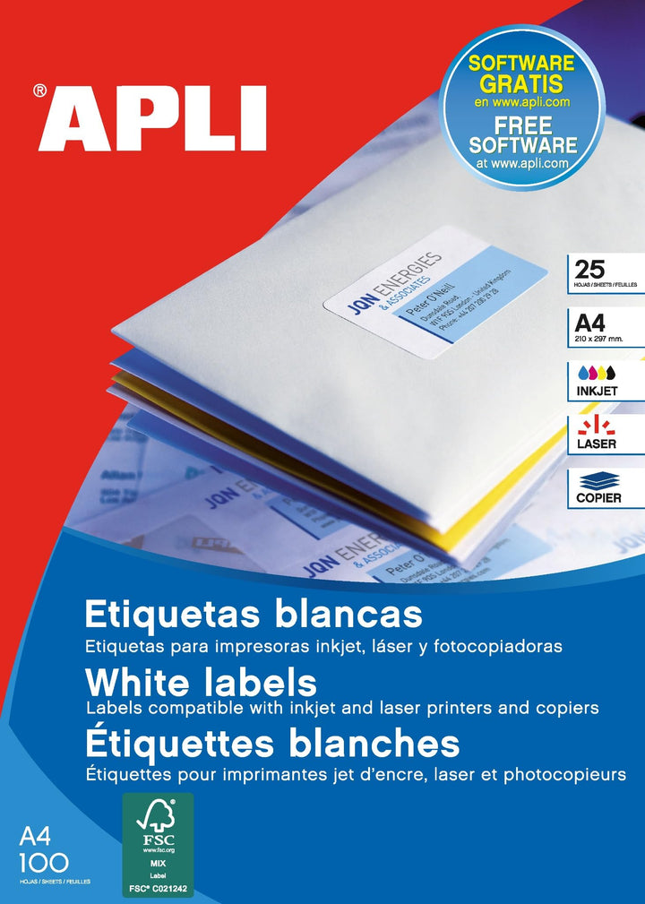 Apli 1273 - Pack 100 weiβe Etiketten für Drucker 70X37 70 x 37 mm 100 Blatt, 70 x 37 mm 100 Blatt