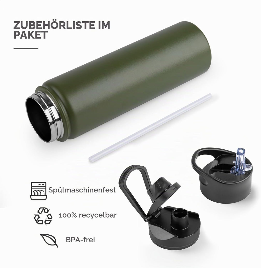 Edelstahl Trinkflasche - 750ml - mit Strohhalm,Auslaufsicher,Kohlensäure Geeignet,BPA frei Thermosfl