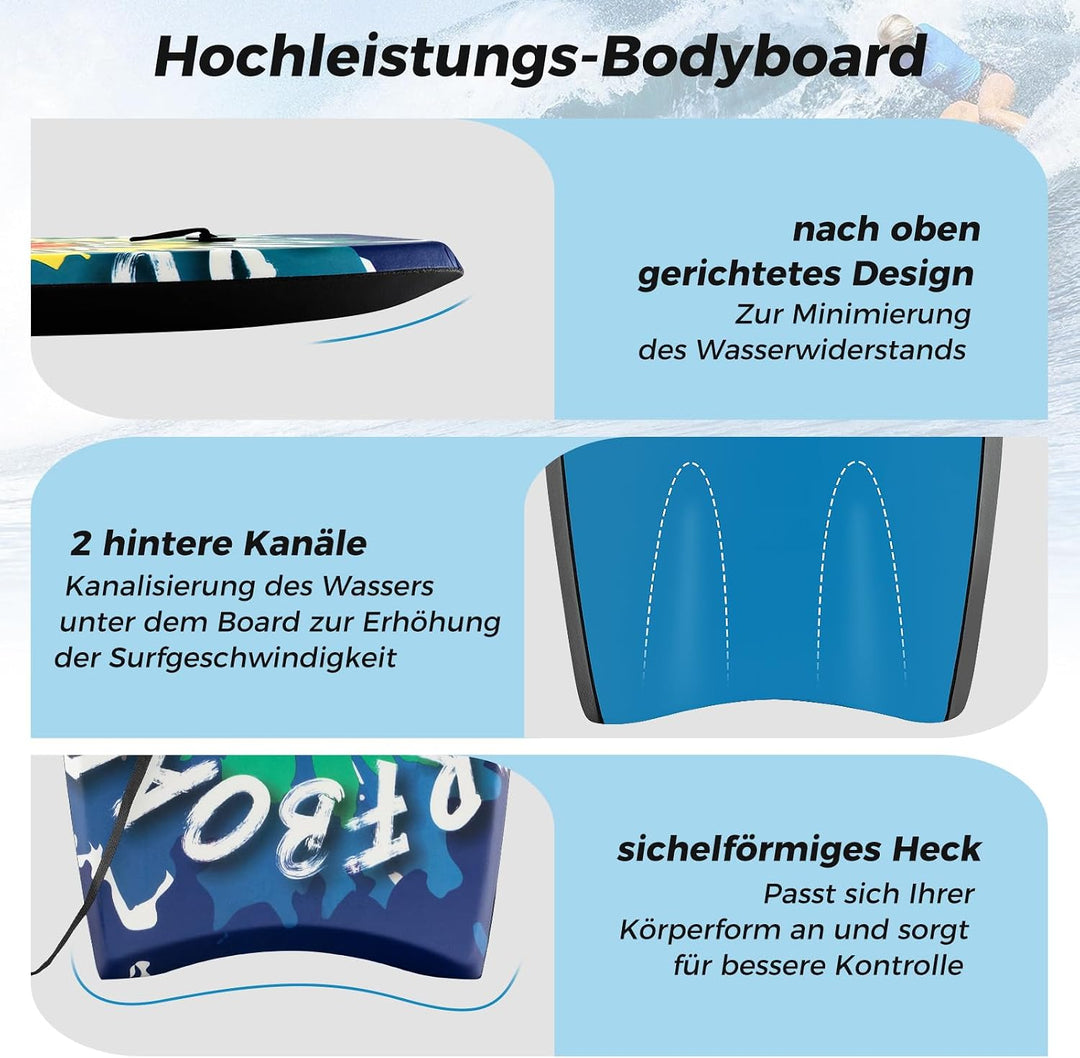 GYMAX Leichtes Bodyboard, Surfbrett mit EPS-Kern, XPE-Deck, HDPE-Unterseite, Halbmond-Heck &amp; Handgel