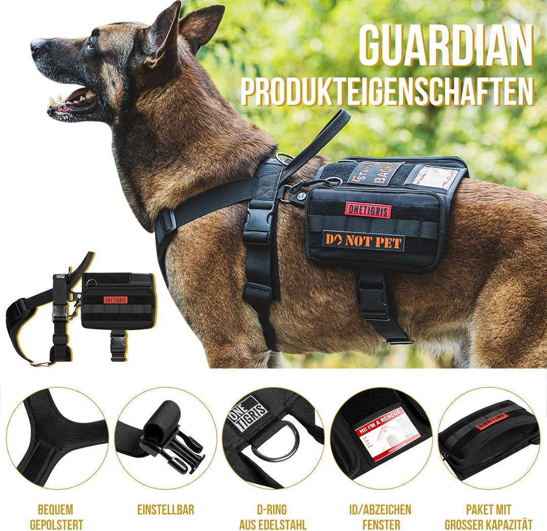 OneTigris Service Hundegeschirr, Guardian Geschirr mit 3 Edelstahl D-Ringen und Grosser Kapazität Ta
