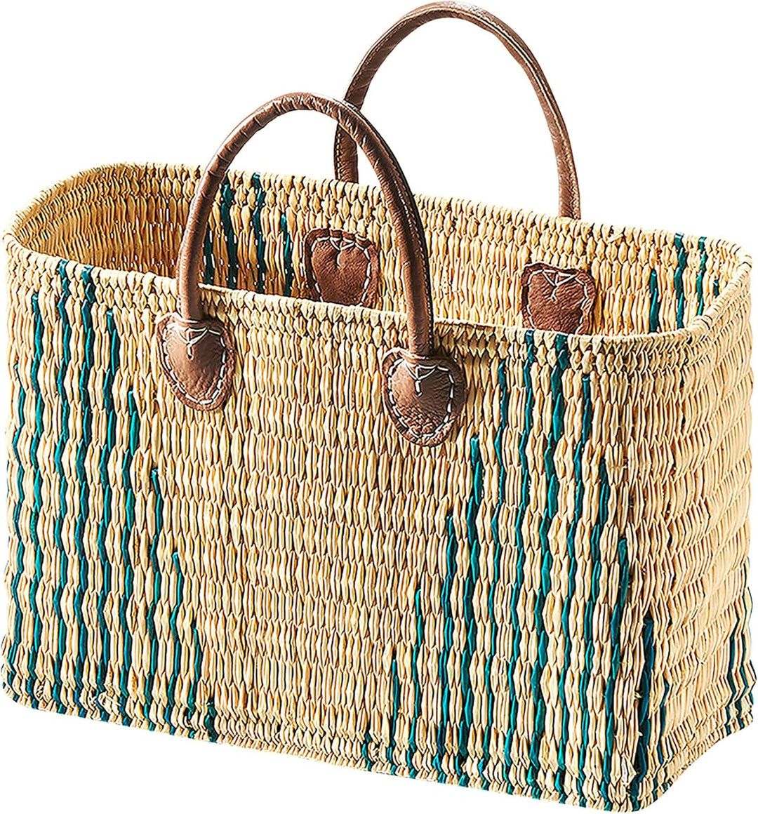 Kobolo Tasche Seegrastasche Korbtasche- Stripes - Lederhenkel - grünes Muster