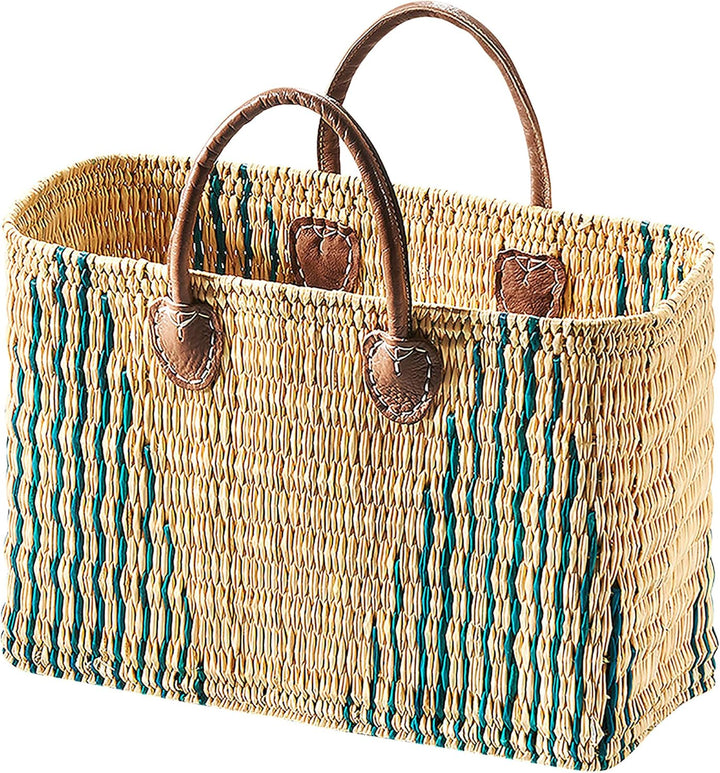 Kobolo Tasche Seegrastasche Korbtasche- Stripes - Lederhenkel - grünes Muster