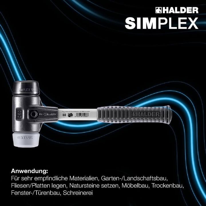 SIMPLEX-Schonhammer, Gummikomposition/TPE-mid; mit verstärktem Tempergussgehäuse und Fiberglasstiel