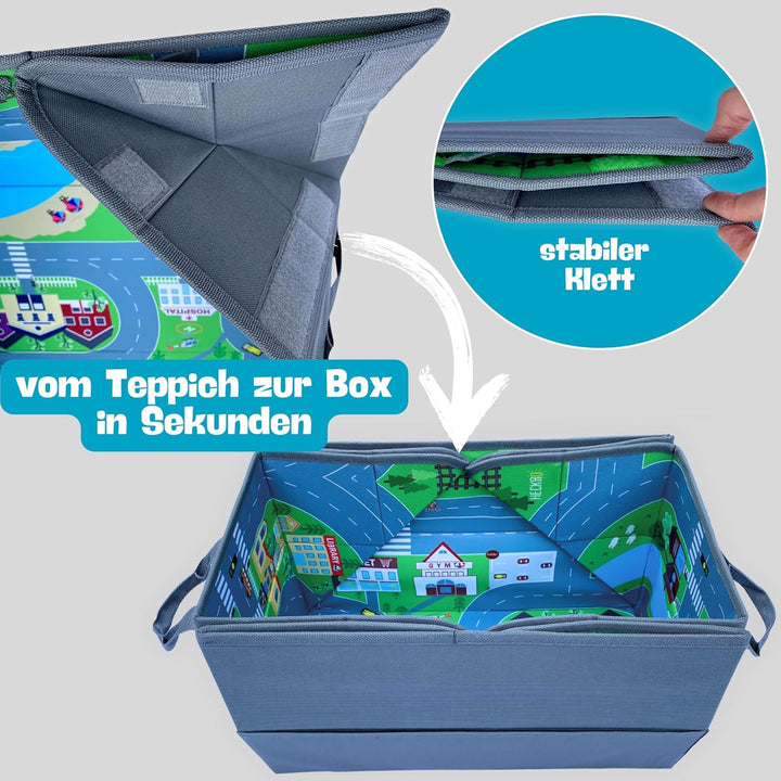 HECKBO - 4-in-1 Auto Organizer und Spielteppich | Kinder Spielzeug-Aufbewahrungsbox | Faltbare Spiel