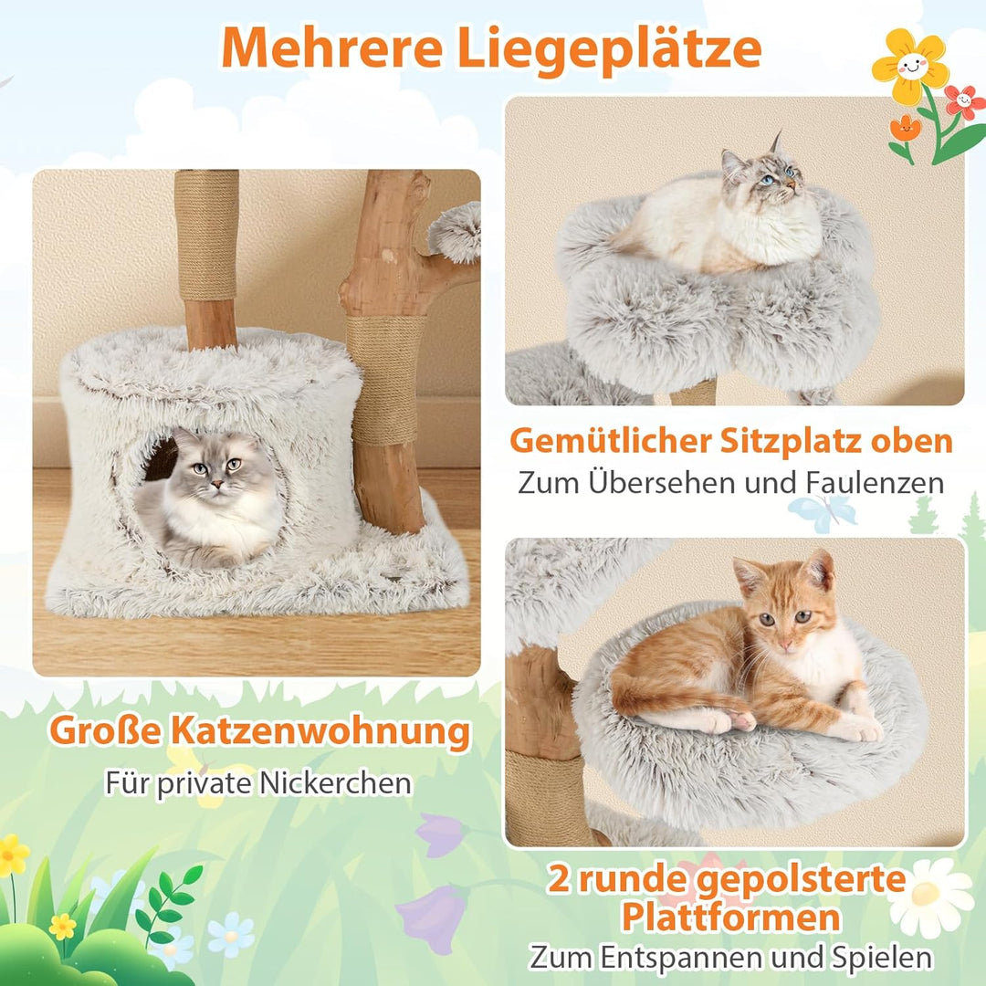 COSTWAY 135cm Kratzbaum Holz, Katzenbaum mit Katzenhöhle, Plüschsitzfläche, Sitzplattform &amp; Ball, Ka