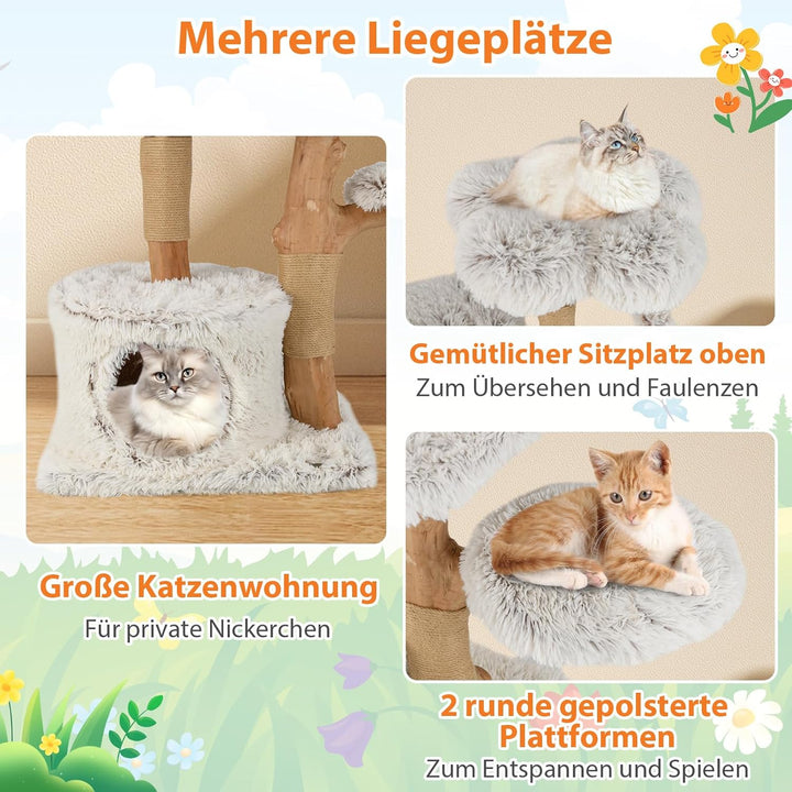 COSTWAY 135cm Kratzbaum Holz, Katzenbaum mit Katzenhöhle, Plüschsitzfläche, Sitzplattform &amp; Ball, Ka