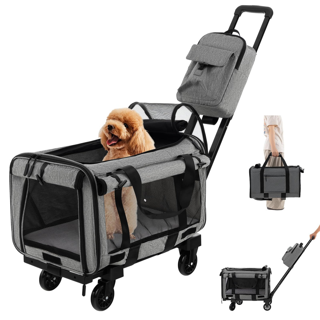 COSTWAY Transportbox Katze, Hunde Tragetasche Mobil, Transporttasche mit Teleskopgriff & Rädern & kl