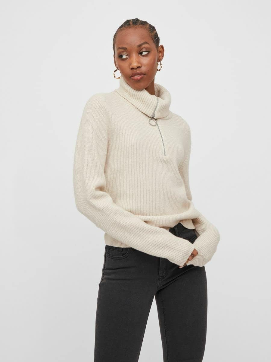 Vila Damen Viril L/S Half Zip Knit Top Pullover S Super Light Natural Melan, S Super Light Natural M