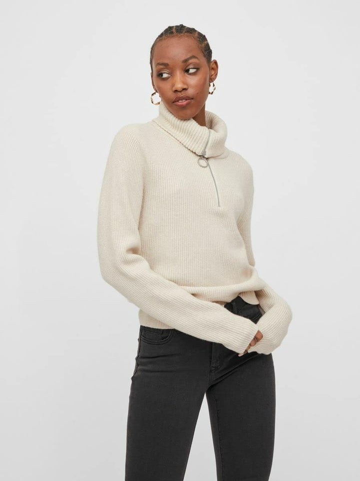 Vila Damen Viril L/S Half Zip Knit Top Pullover S Super Light Natural Melan, S Super Light Natural M
