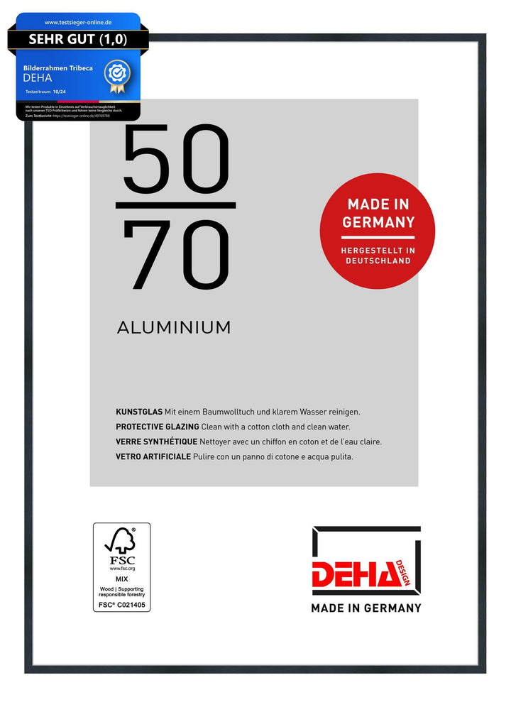 DEHA Design Bilderrahmen Tribeca, 50x70 cm, Aluminium Schwarz Matt, bruchsicheres Acrylglas, für Pos