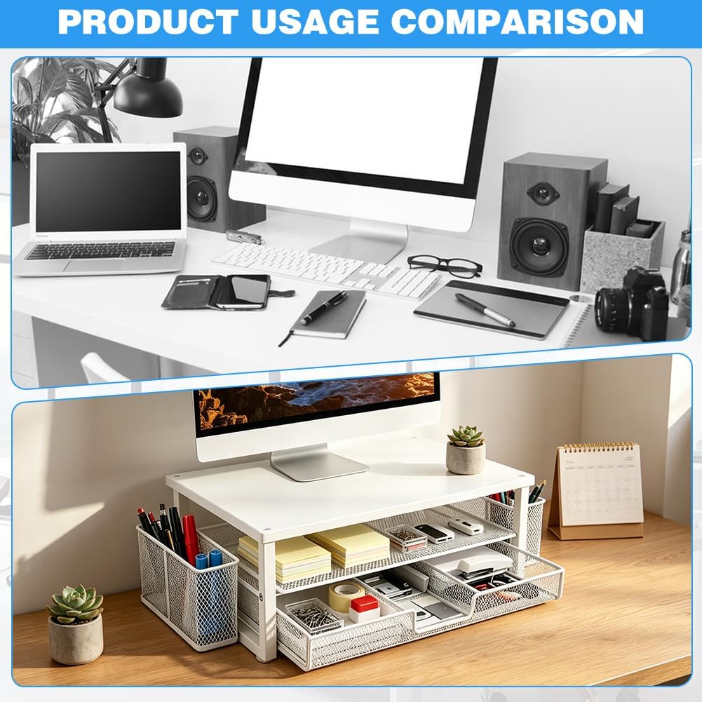 Monitorständer, Monitor Erhöhung Schreibtisch mit Schublade und Stifthaltern, 2-stufiger ergonomisch