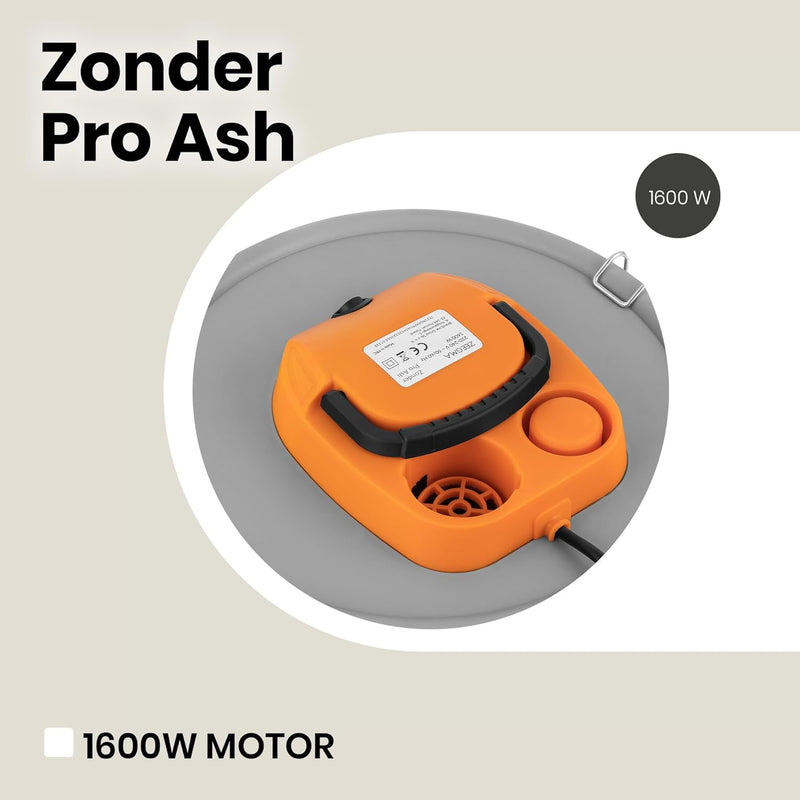 Zeegma ZONDER PRO ASH Trockensauger für Asche und Schutt, Industriestaubsauger 1600W, Edelstahlbehäl