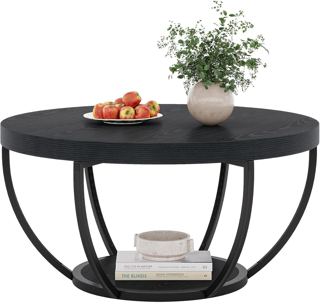 Tribesigns Couchtisch rund Ø80 cm, Industrial 2-Tier-Kreis Couchtisch mit Stauraum, Holztisch Akzent