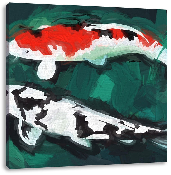 gezeichnete Koi Karpfen, Format: 70x70 auf Leinwand, XXL riesige Bilder fertig gerahmt mit Keilrahme