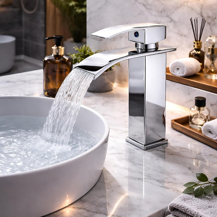 HEA Waschtischarmatur Wasserhahn Bad Chrom Waschbecken Einhebel Wasserfall für Badezimmer Wasserhahn
