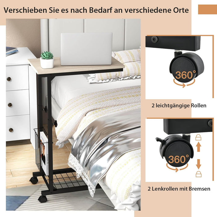 COSTWAY Beistelltisch mit Rollen, Laptoptisch höhenverstellbar, mit Aufbewahrungskorb, Sofatisch C-F