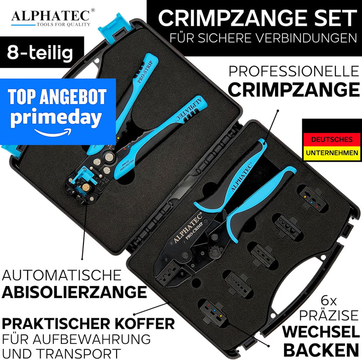 ALPHATEC® Crimpzange Set mit Wechselbacken inkl. automatische Abisolierzange - [0,25-10mm²] - Crimpz
