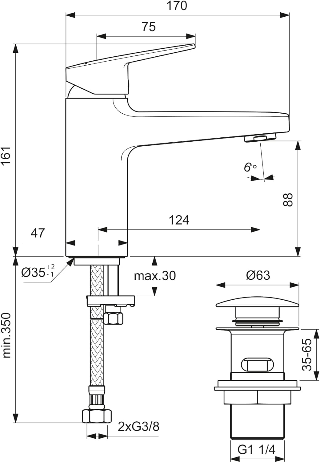Ideal Standard BD229AA Ceraplan Waschtischarmatur H90, mit Push-Open-Ventil, Ausladung 12,4 cm, Chro