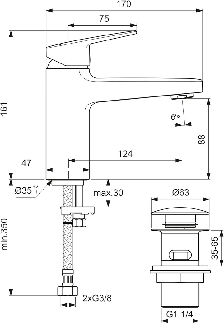 Ideal Standard BD229AA Ceraplan Waschtischarmatur H90, mit Push-Open-Ventil, Ausladung 12,4 cm, Chro