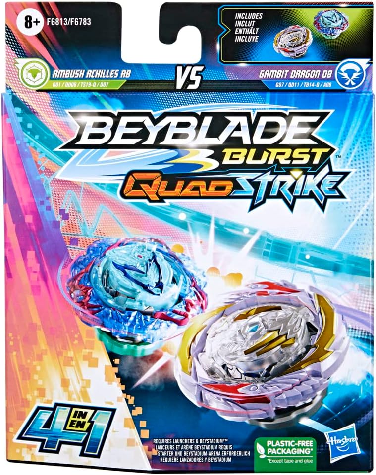 Beyblade Burst QuadStrike Gambit Dragon D8 und Ambush Achilles A8 Kreisel Doppelpack, Battle Kreisel