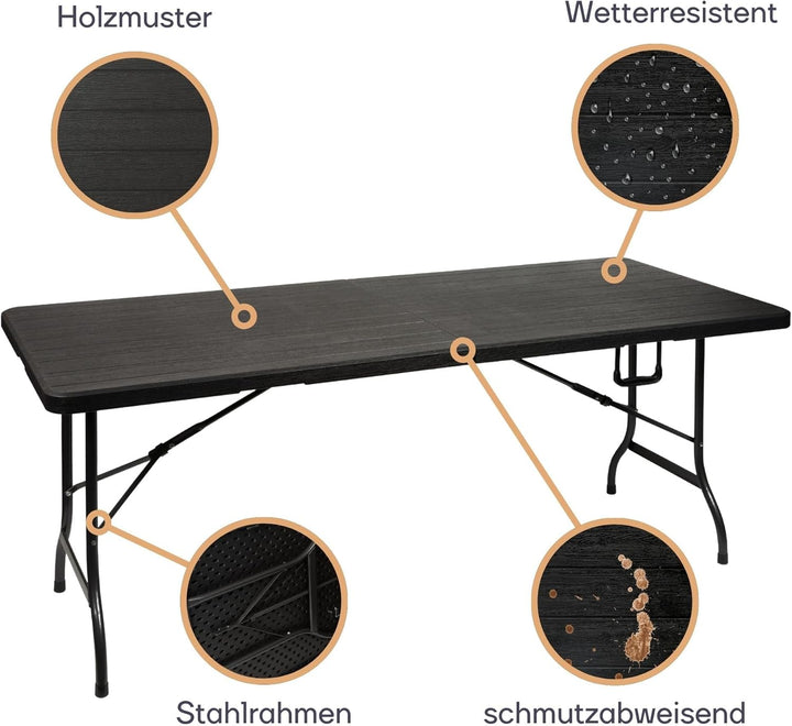Perel Klapptisch, Buffettisch, Campingtisch, Picknicktisch, Holzoptik schwarz, klappbar tragbar mit