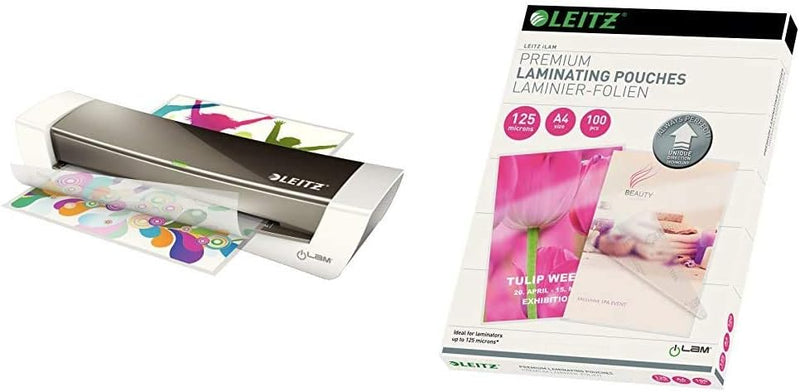 Leitz Laminiergerät, Metallic grau, A4, Home Office, iLam, WOW, 73680089 & Heisslaminierfolien, Glän