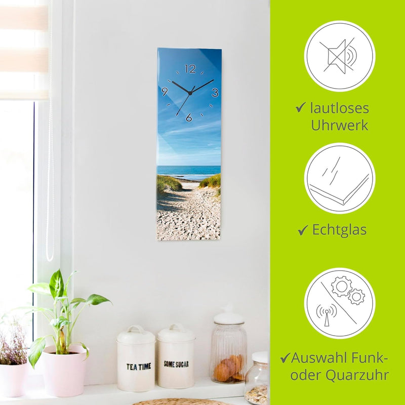 ARTLAND Wanduhr ohne Tickgeräusche Glas Quarzuhr 20x60 cm Rechteckig Lautlos Landschaft Strand Meer