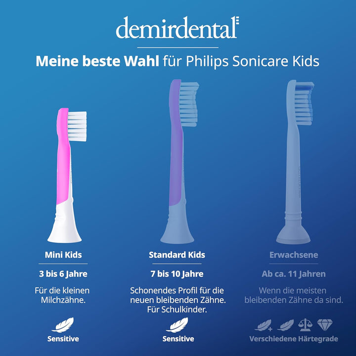 demirdental Kinder Ersatzbürsten passend für Philips Sonicare Kids, Compact Mini Bürstenköpfe für 3-