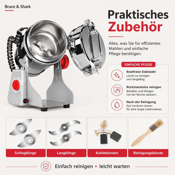 700g Hochgeschwindigkeits Elektrische Getreidemühle für kommerziellen Einsatz, 1800W, Edelstahlkonst