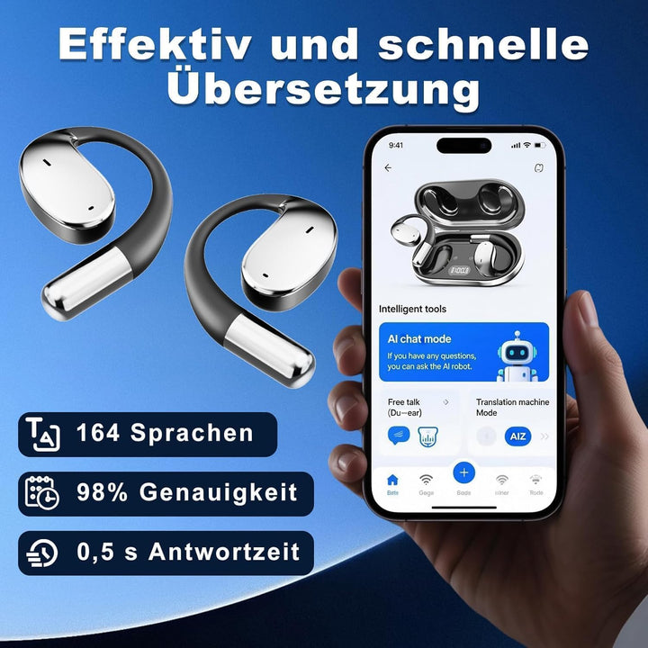 AI Kopfhörer Übersetzer, unterstützt 164 Sprachen/6 Übersetzungsmodi, Übersetzer Ohrhörer 3-in-1-Übe